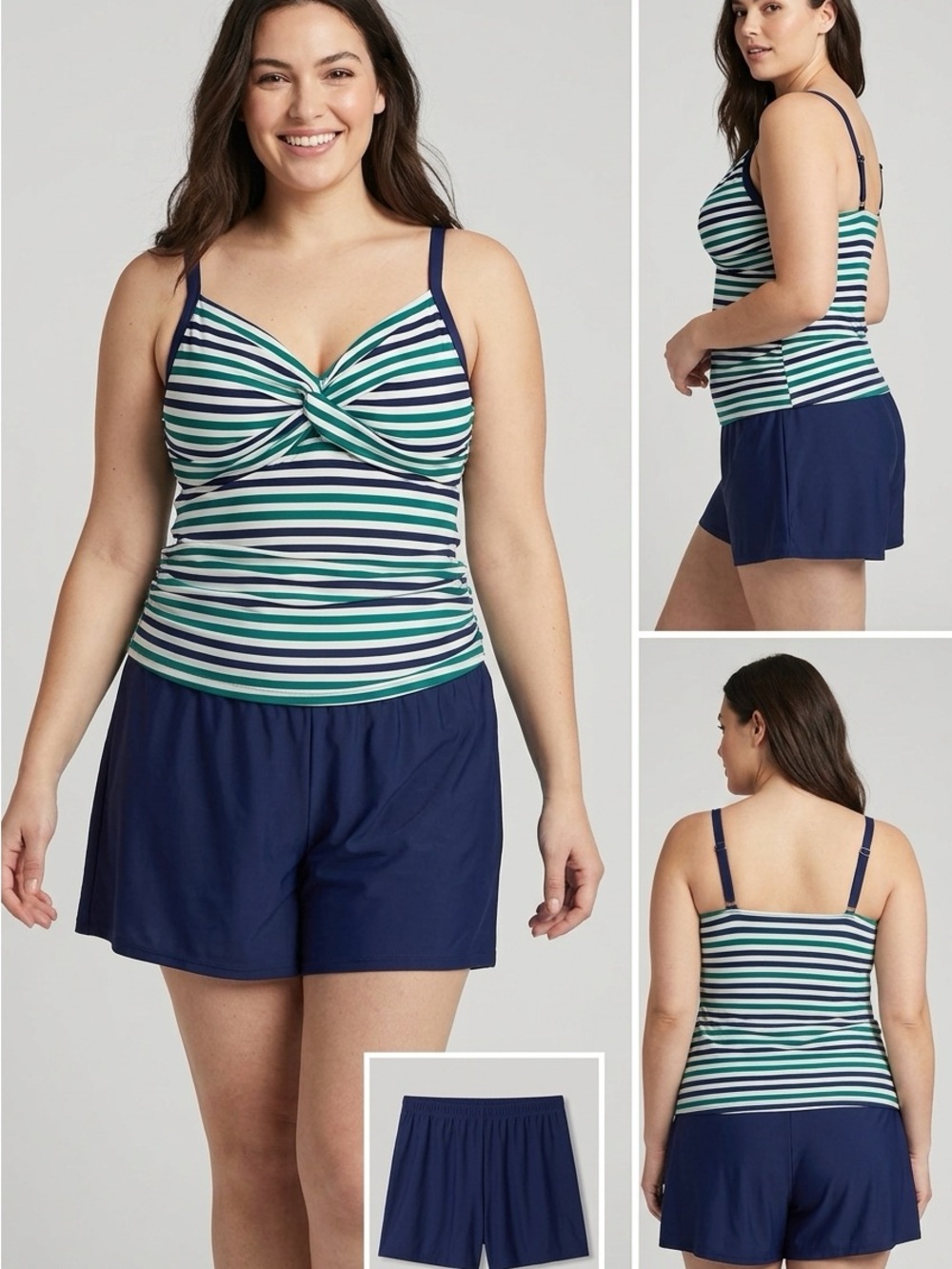Lands End-Swimsuit-Striped Twist-Front Tankini Swim Top and 2 Swim Shorts-